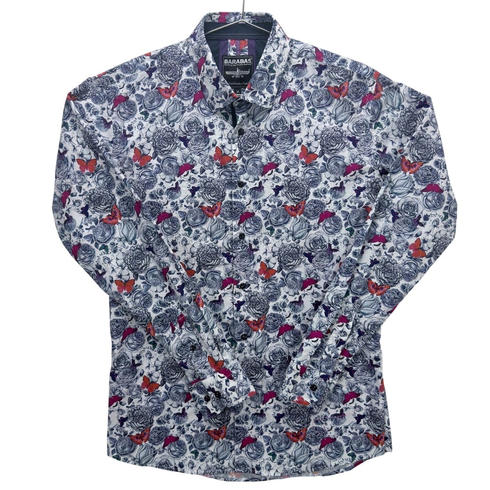Barabas Mens Long Sleeve Button Down Shirt M Floral Butterfly Statement Stretch